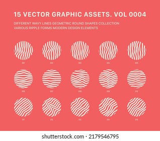 Vector Graphic Assets Various Wavy Lines Circle Shapes Collection Isolated On Back. Different Round Forms Modern Minimal Design Elements Set. Experimental Graphic Abstract Objects Trendy Illustration