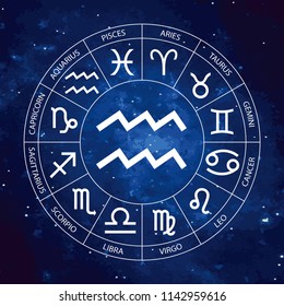 Vector. Graphic astrology set on the starry sky cosmic background. A simple geometric representation of the zodiac sign for horoscope Aquarius with titles, line art isolated illustration