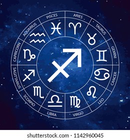 Vector. Graphic astrology set on the starry sky cosmic background. A simple geometric representation of the zodiac sign for horoscope Sagittarius with titles, line art isolated illustration