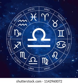 Vector. Graphic astrology set on the starry sky cosmic background. A simple geometric representation of the zodiac sign for horoscope Libra with titles, line art isolated illustration