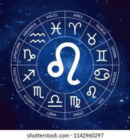 Vector. Graphic astrology set on the starry sky cosmic background. A simple geometric representation of the zodiac sign for horoscope Leo with titles, line art isolated illustration