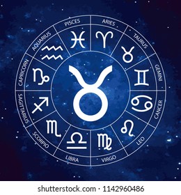 Vector. Graphic astrology set on the starry sky cosmic background. A simple geometric representation of the zodiac sign for horoscope Taurus with titles, line art isolated illustration 