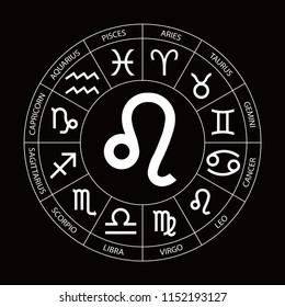 Vector. Graphic astrology set on the black background. A simple geometric representation of the zodiac sign for horoscope Leo with titles, line art isolated illustration 