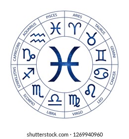 Vector. Graphic astrology set on the white background. A simple cosmic geometric representation of the zodiac sign for horoscope Pisces with titles