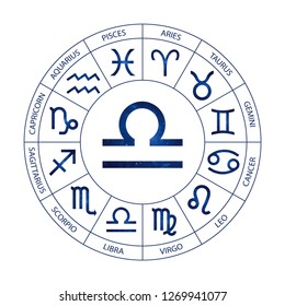 Vector. Graphic astrology set on the white background. A simple cosmic geometric representation of the zodiac sign for horoscope Libra with titles