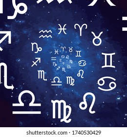 Vector. Graphic astrology set on the starry sky cosmic background. A simple geometric representation of the zodiac sign for horoscope arranged in a spiral, line art isolated illustration