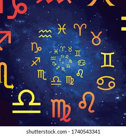 Vector. Graphic astrology set on the starry sky cosmic background. A simple geometric representation of the zodiac sign for horoscope arranged in a spiral, line art isolated illustration