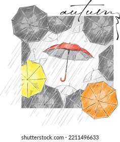 Vector graphic autumn print from umbrellas on the background of the rain with the inscription