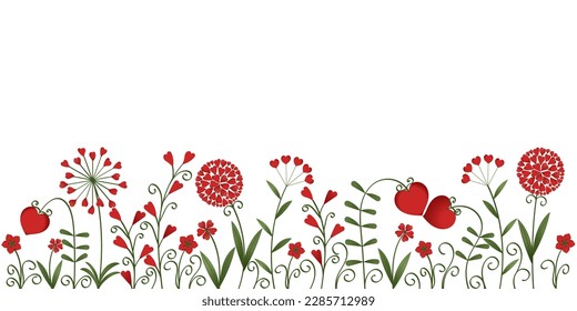 Vector graphic banner with flowers made of red hearts. Space for own design. Suitable for Mother‘s day, birthday, love messages and Valentine’s Day greetings.