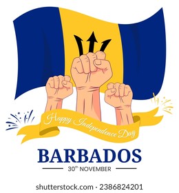 Vector graphic of Barbados Independence Day for greeting card with clenched fist, fireworks and ribbon