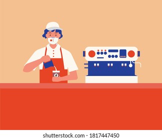 Vector graphic of barista which working and do not forget to protect his health by wearing a mask in public shop.