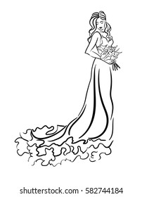 VECTOR Graphic With Beautiful Young Girl Model For Design. Fashion, Style, Youth, Beauty .Graphic, Sketch Drawing. Sexy Woman. Dress, Clothes, Groom, Bride,