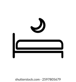 A vector graphic of a bed and moon, suitable for a variety of projects. Use it for sleep-related apps, wellness blogs, bedtime story illustrations, or as a simple icon for rest and relaxation.