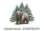 Vector graphic big strong brown bear standing on four paws against the background of a green coniferous forest. Wild animal. White isolated background.