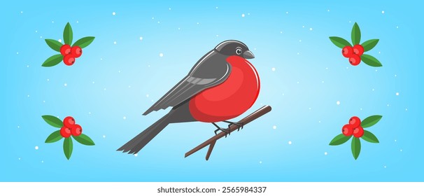 Vector graphic bird bullfinch, with red belly. Stylistic berry with leaves, rowan. Blue background and snow. Winter cartoon greeting card. Ornithology