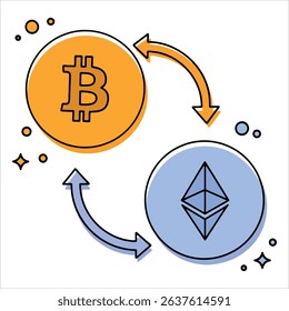 Vector graphic of Bitcoin converting to Ethereum transaction. Ideal for cryptocurrency exchanges, blockchain technology visuals, and decentralized finance interfaces.