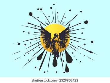 Vector graphic black ink blob lady angel with spread wings and golden circle. Cyan isolated background.