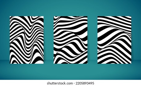 Vector graphic of Black wavy optical art set on white background. Retro abstract graphic design. Liquid and fluid abstract tattoo. Good design for prints, poster, banner and textile pattern.

