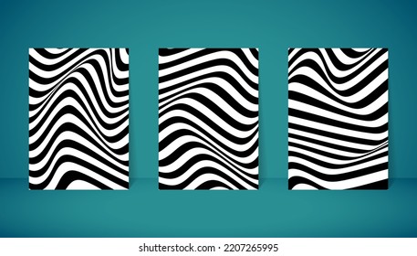 Gráfica vectorial del arte óptico ondulado negro sobre fondo blanco. Diseño gráfico abstracto retro. Tatuaje abstracto líquido y fluido. Buen diseño para impresiones, afiches, banner y patrón textil. 
