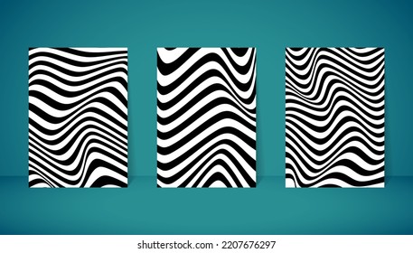 Vector graphic of Black wavy optical art set on white background. Liquid and fluid abstract tattoo. Good design for prints, poster, banner and textile pattern.
