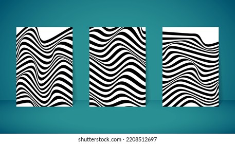 Vector graphic of Black wavy optical art set on white background. Liquid and fluid abstract tattoo. Good design for prints, poster, banner and textile pattern.
