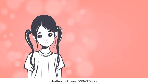 Vector graphic black and white cute beautiful young girl child with bowed head, brunette with pigtails. Delicate peach background with bokeh effect. Banner with empty place.