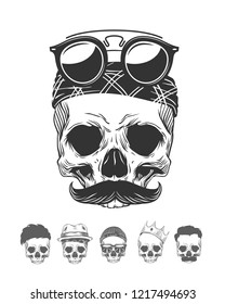 Vector graphic black and white illustration of skullwith mustache in bandanna and sunglasses on face with set monochrome skulls different characters isolated on white background