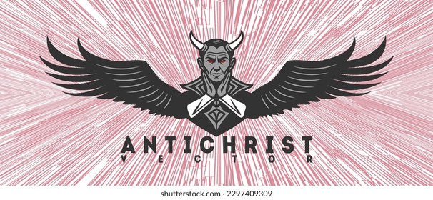 Vector graphic black and white logo. Winged Antichrist with horns and red eyes. Emblem or label. Abstract background.