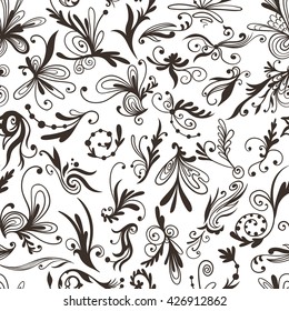 Vector Graphic Black and White Pattern with Swirls | Elegant classical style seamless background with floral ornaments for decoration, paper and fabric design