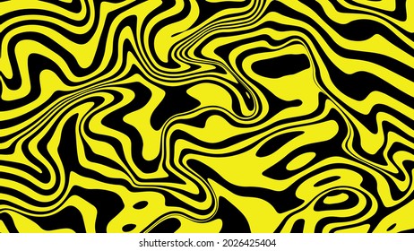 Vector graphic of Black and Yellow abstract wavy background. Caustics distortion line art. Optical illusion motion striped 3d effect. Good for invitation cards, business brochures, textiles etc.