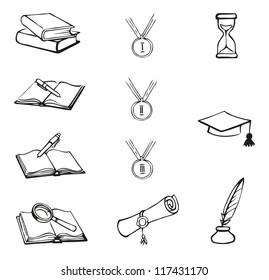 Vector graphic black-and-white symbols of education. Books, pen with ink, clock, medal, sealed scroll and academic cap