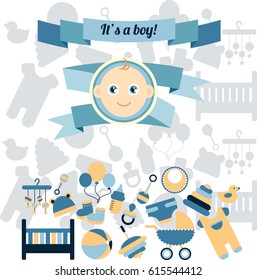 Vector graphic in blue colors. Accessories for child life, baby care, newborn boy congratulation. Banner with childhood's pattern with shadow background.