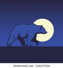 Vektorgrafik von blauem Grizzly Bär auf blauem Farbverlauf-Hintergrund mit dem Mond hinter dem Bärenkopf