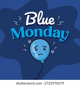 Vector graphic of Blue Monday featuring a depressed blue balloon on dark blue background, ideal for psychology and social media