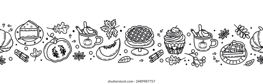 Vector graphic border with pumpkin spice linear elements.Horizontal banner with autumn icons.Fruits, latte, leaves, pies, cupcake, tart,cinnamon and cloves.Black and white seamless pattern with bake.