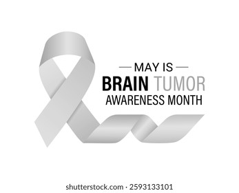 Vector graphic of Brain Tumor Awareness Month is observed every year in May to raise awareness about brain tumors. Gray ribbons with Realistic ribbon. Design for web banner, cards, prints, social.