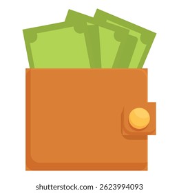 Vector graphic of a bright orange wallet filled with green money bills, isolated on white