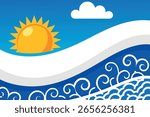 Vector graphic of a bright sun shining over a blue ocean with white waves and a cloudy sky
