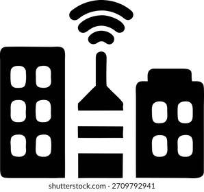 Vector graphic of buildings connected by a communication tower. Use this design for telecommunications, network, urban technology, and city connectivity concepts.