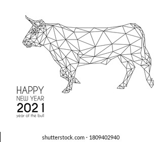 Toro gráfico vectorial sobre fondo blanco. Ilustración geométrica de polos bajos en estilo origami. Símbolo del toro chino de Año Nuevo 2021. Signo del zodiac para la tarjeta, invitación, banners, calendario.