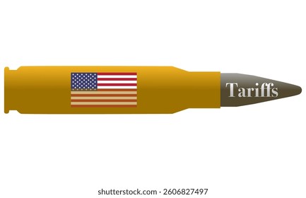 Vector graphic with bullet and US flag of USA tariff war against the whole world decided by the government of the United States of America. Illustration made April 3rd, 2025, Zurich, Switzerland.