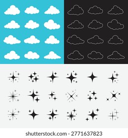 Vector Graphic Bundle of Clouds and Sparkle Icons. Set of Flat Cloud Shapes in Solid and Outline Styles with Twinkling Star Elements for Weather Apps, UI Design, and Illustrations.