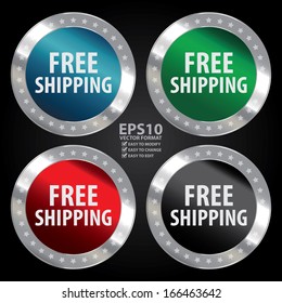 Vector : Graphic for Business, Online Business or E-Commerce Present By Colorful and Silver Metallic Free Shipping Icon, Sticker, Badge, Label or Button in Dark Background 