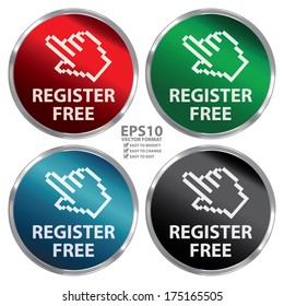 Vector : Graphic for Business, Online Business or E-Commerce Present By Colorful Metallic Style Register Free Icon, Badge, Label, Button or Sticker Isolated on White Background
