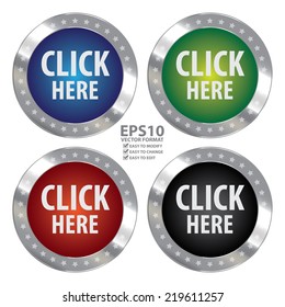 Vector : Graphic for Business, Online Business or E-Commerce Present By Circle Metallic Click Here Icon, Sticker, Badge, Label or Button Isolated on White Background 