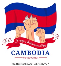 Vector graphic of Cambodia Independence Day for greeting card with clenched fist, fireworks and ribbon