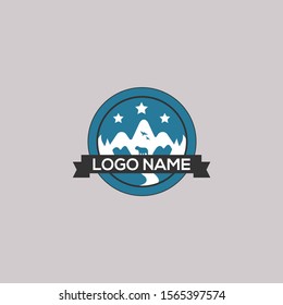 Vector graphic camping logo with bear. Exploration camp, tourism extreme sport club emblem, logo design