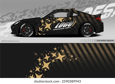 Vector Graphic of car wrap design. Livery Car decal with black and gold colour. There are stars scattered in the design and carbon pattern. Suitable for racing, drift, rally, or daily use