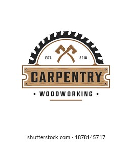 Vector graphic carpentry vintage retro logo design, perfect for woodworking, lumberjack, handyman, sawmill, and ect.
