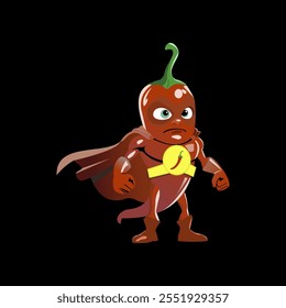 Vetor gráfico de desenho animado chili personagem de super-herói ilustração, vetor bonito vermelho jalapeno vegetal em capa de super-herói e máscara mostrando força e músculos. Personagens de conto de fadas, pimentão isolado 